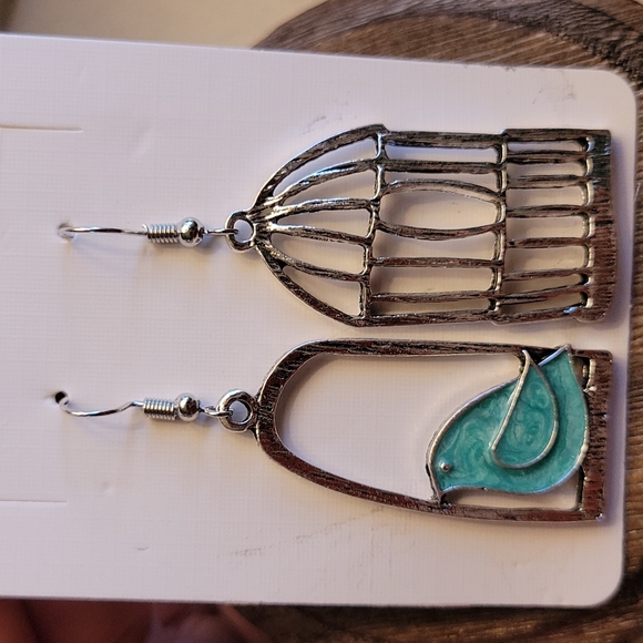 Oversized Bird and Birdcage Silver Drop Dangle Earrings - Picture 2 of 4